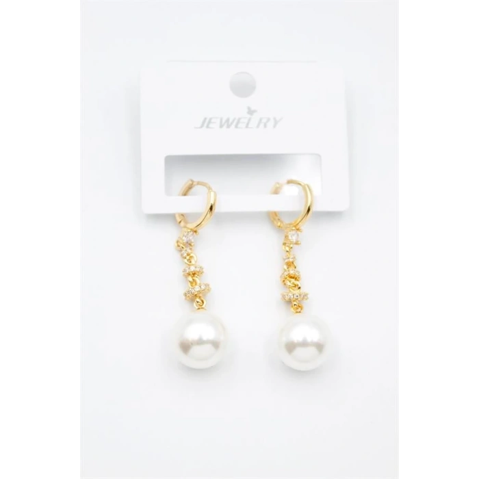 Taşlı İnci Küpe - Altın