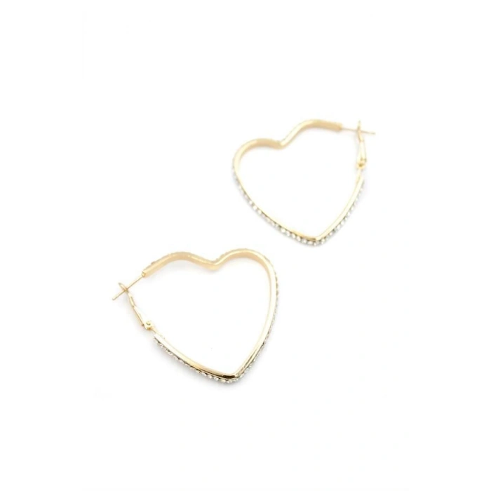 Taşlı Kalp Halka Küpe - Altın