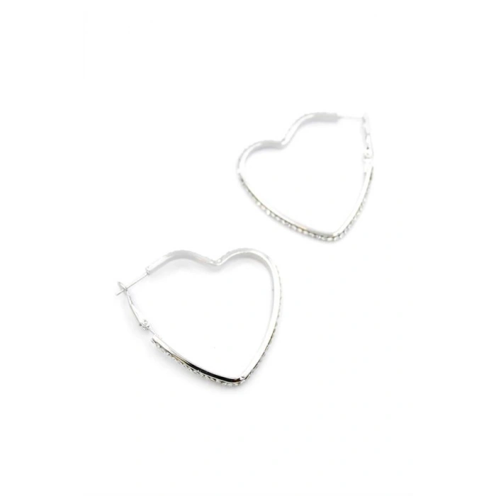 Taşlı Kalp Halka Küpe - Gümüş