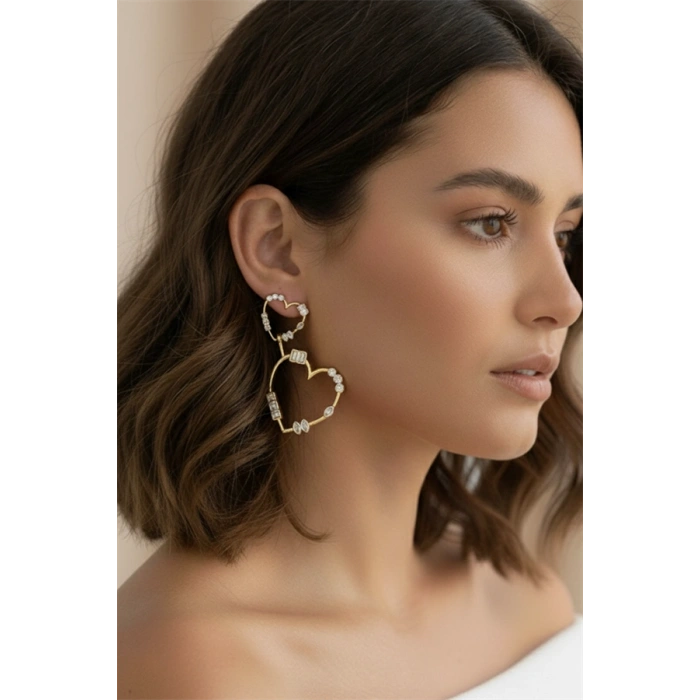 Taşlı Kalp Küpe - Altın