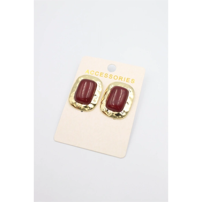 Taşlı Metal Küpe - Bordo