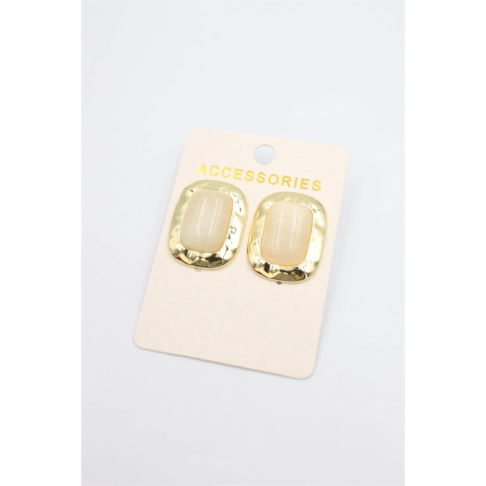 Taşlı Metal Küpe - Krem