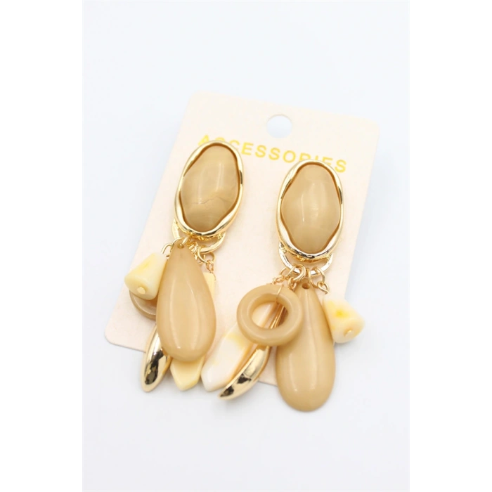 Taşlı Sallantılı Küpe - Açık Kahverengi