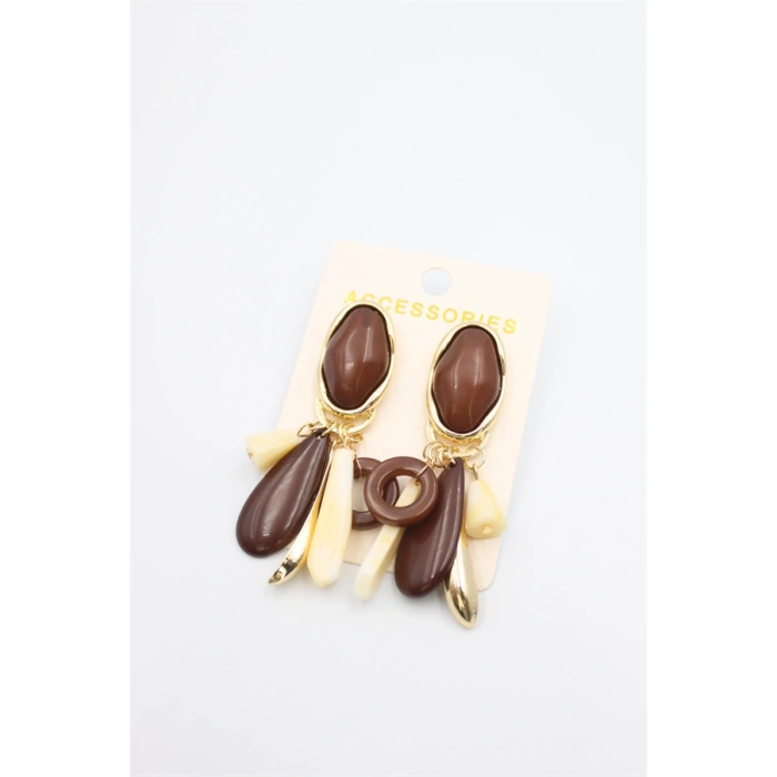 Taşlı Sallantılı Küpe - Kahverengi