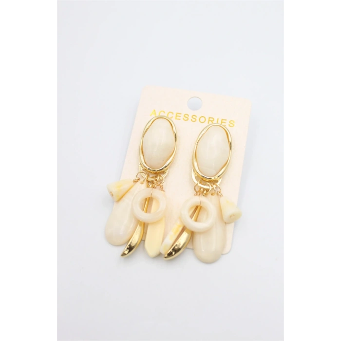 Taşlı Sallantılı Küpe - Krem