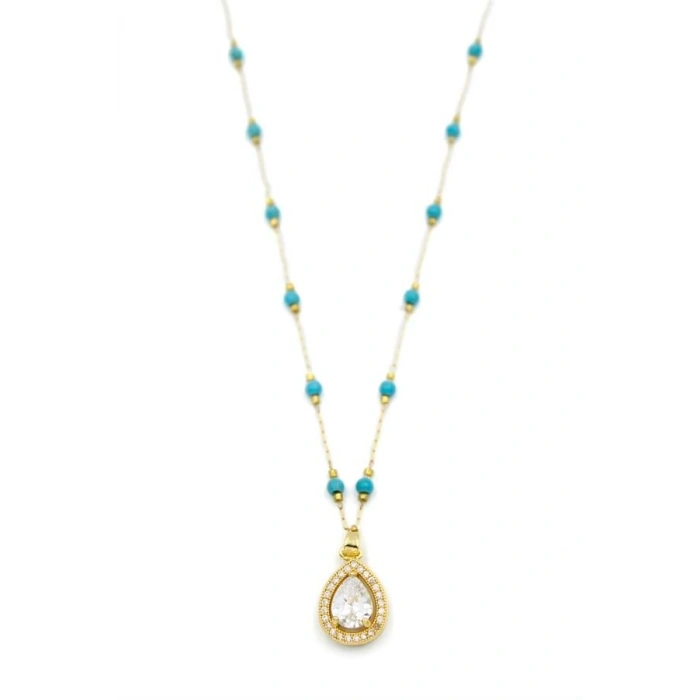 Turkuaz Boncuklu Kolye - Altın