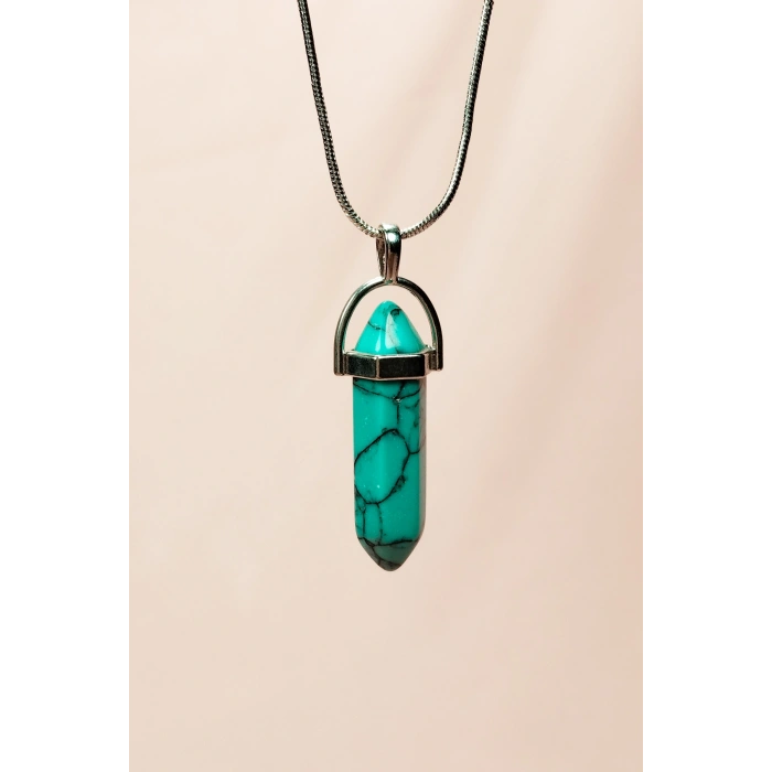 Turkuaz Doğal Taşı Zincirli El Yapımı Kolye Uç: 3 cm Zincir: 20 cm Kutulu