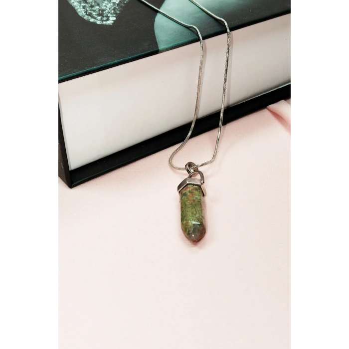 Unakit Doğal Taşı Zincirli El Yapımı Kolye Uç: 3 cm Zincir: 20 cm Kutulu