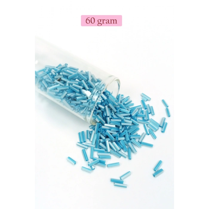 Uzun Boru Kesme Boncuk Çap 2mm Uzunluk 10 mm - 60 Gram - Açık Mavi Beyaz - BNC279