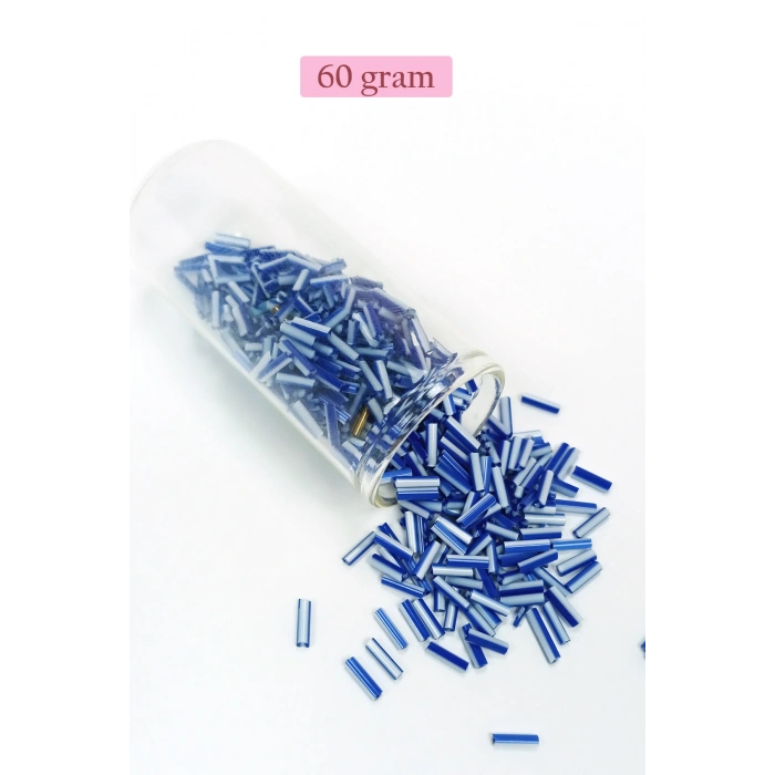 Uzun Boru Kesme Boncuk Çap 2mm Uzunluk 10 mm - 60 Gram - Mavi Beyaz - BNC275