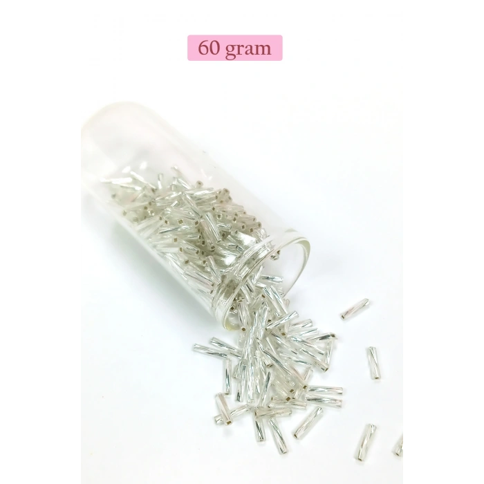 Uzun Boru Kesme Boncuk Çap 2mm Uzunluk 10 mm - 60 Gram - Parlak Gümüş - BNC296