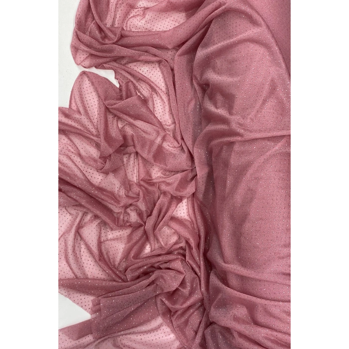 Yağmur Damlası Simli Abiye Elbise Şallık Tül Kumaş Gül Kurusu 32-H