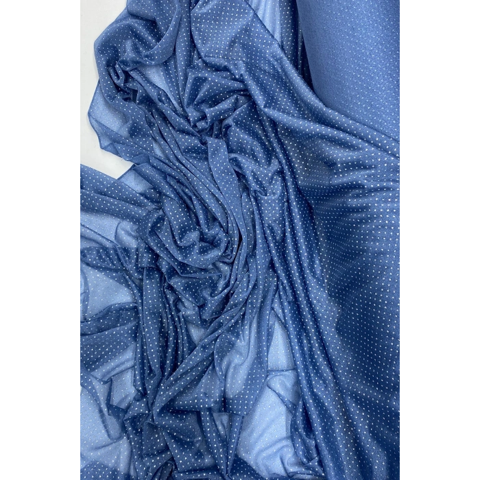 Yağmur Damlası Simli Abiye Elbise Şallık Tül Kumaş İndigo Mavi 89