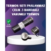 Mey İthalat® Paslanmaz Termos ve İkili Bardak Seti | 6-12 Saat Sıcak/Soğuk Tutma