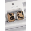 Mey İthalat® Pirinç Gümüş Renk Leopar Desenli Kare Model Kadın Küpe