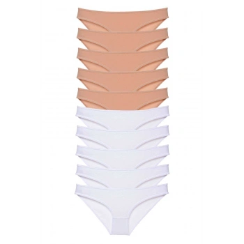 10 adet Süper Eko Set Likralı Kadın Slip Külot Ten Beyaz