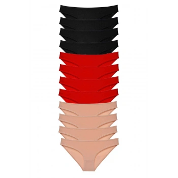 12 adet Süper Eko Set Likralı Kadın Slip Külot Siyah Kırmızı Ten