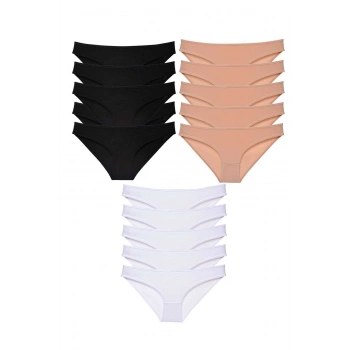 15 adet Süper Eko Set Likralı Kadın Slip Külot Siyah Ten Beyaz