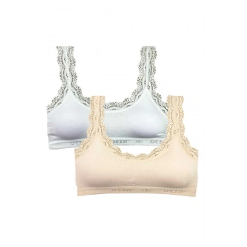2 Adet Dantel Nakış İşlemeli Pedli Bambu Kadın Büstiyer Beyaz Krem
