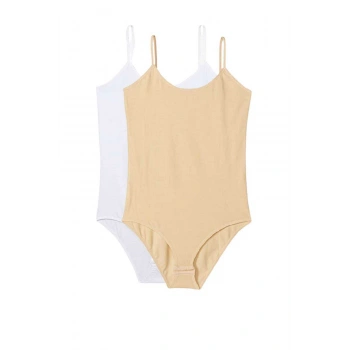 2 Adet İp Askılı Kadın Çıtçıtlı Body Beyaz ve Ten