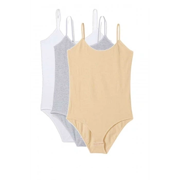 3 Adet İp Askılı Kadın Çıtçıtlı Body Beyaz Gri Ten