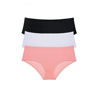 3 Adet Kadın Yüksek Bel Bato Külot Siyah Beyaz Pudra