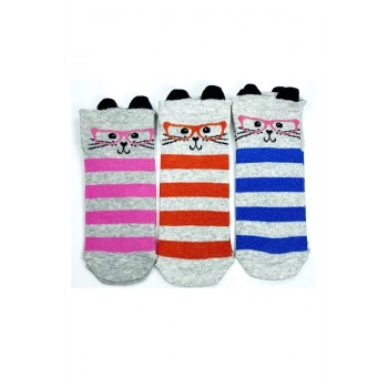 3 Çift Kedi Temalı 3 Boyut Kulaklı Pamuklu Esnek Kadın Bilek Çorap