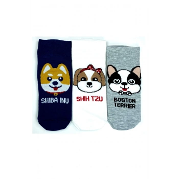 3 Çift Sevimli Köpek Temalı Baskılı Yumuşak Kadın Bilek Çorap