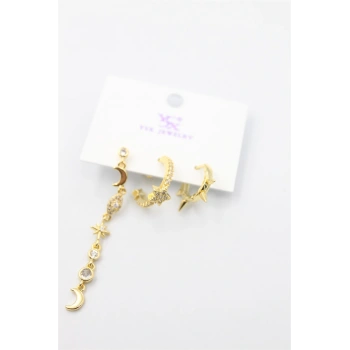 3lü Ay Yıldız Küpe - Altın