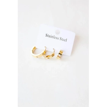 3lü Taşlı Çelik Halka Küpe - Altın