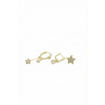 3lü Taşlı Halka Küpe - Altın