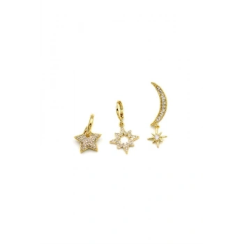 3lü Taşlı Halka Küpe - Altın