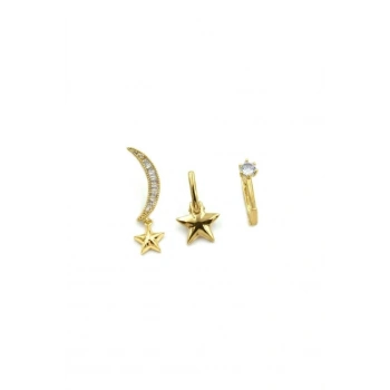 3lü Taşlı Halka Küpe - Altın