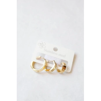 3lü Taşsız Çelik Halka Küpe - Altın