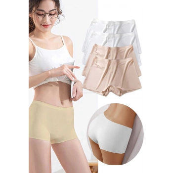 4 Adet Kadın Dikişsiz Görünmez İz Yapmaz Mini Şort Boxer Beyaz Ten