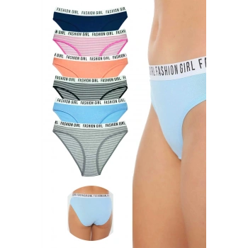 6 Adet Beli Yazılı Lastik Pamuk Kadın Külot