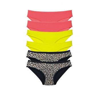 6 Adet Likralı Kadın Slip Külot Leopar Fuşya Sarı