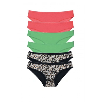 6 Adet Likralı Kadın Slip Külot Leopar Fuşya Yeşil