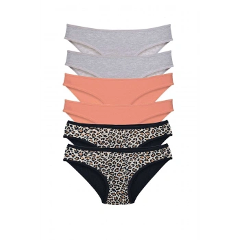 6 Adet Likralı Kadın Slip Külot Leopar Gri Pudra