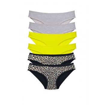 6 Adet Likralı Kadın Slip Külot Leopar Gri Sarı