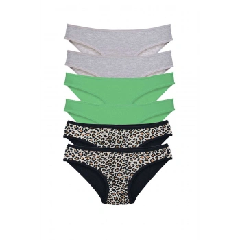 6 Adet Likralı Kadın Slip Külot Leopar Gri Yeşil