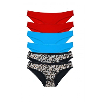 6 Adet Likralı Kadın Slip Külot Leopar Kırmızı Mavi