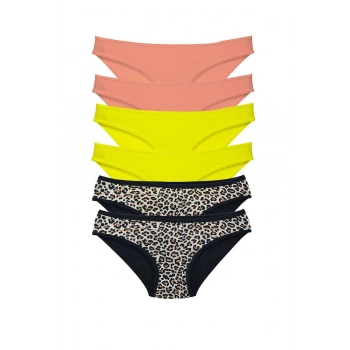 6 Adet Likralı Kadın Slip Külot Leopar Pudra Sarı