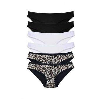 6 Adet Likralı Kadın Slip Külot Leopar Siyah Beyaz