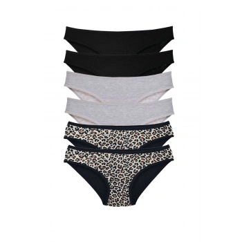 6 Adet Likralı Kadın Slip Külot Leopar Siyah Gri