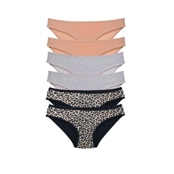 6 Adet Likralı Kadın Slip Külot Leopar Ten Gri