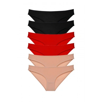 6 adet Süper Eko Set Likralı Kadın Slip Külot Siyah Kırmızı Ten