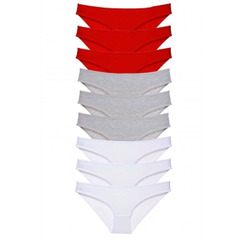 9 adet Süper Eko Set Likralı Kadın Slip Külot Kırmızı Gri Beyaz