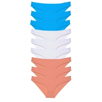 9 adet Süper Eko Set Likralı Kadın Slip Külot Pudra Beyaz Mavi