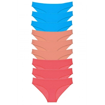 9 adet Süper Eko Set Likralı Kadın Slip Külot Pudra Fuşya Mavi